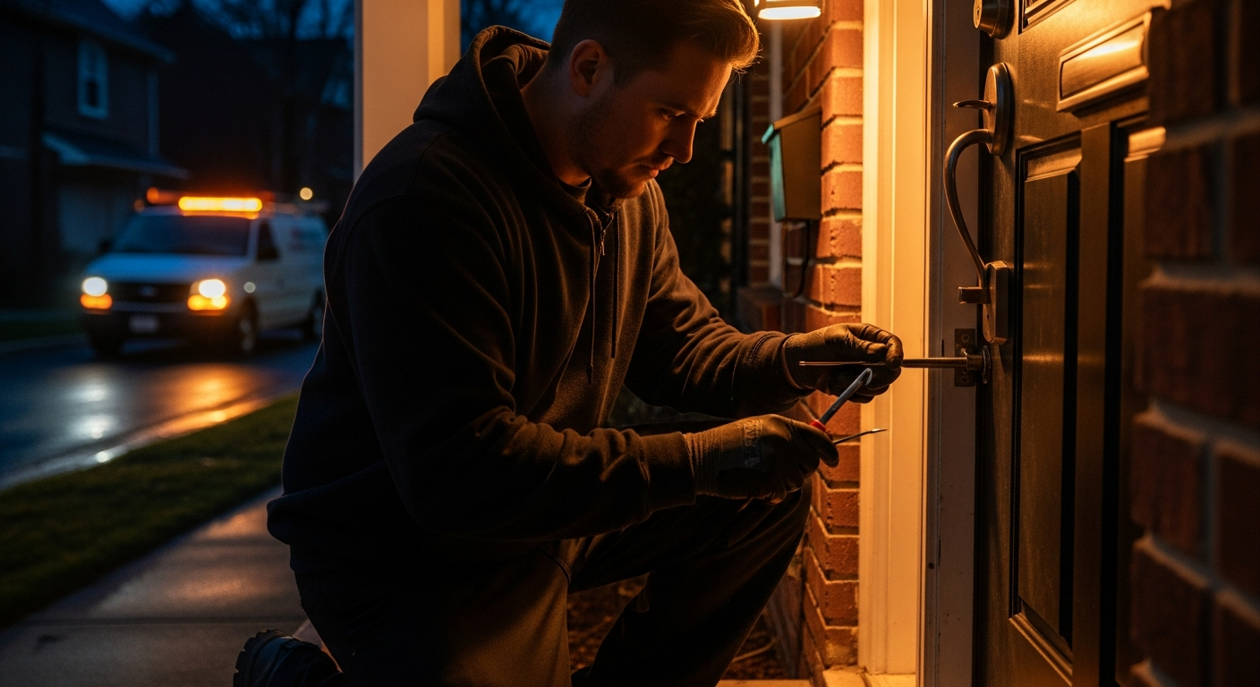 A Q 24/7 Lock Service technician opening a front door lock at night